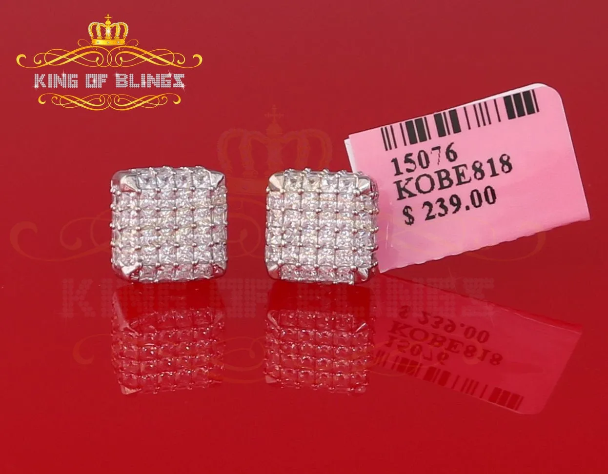 King of Blings- Cubic Zirconia 925 White Silver Screw Back1.95ct Hip Hop Square Women's Earrings