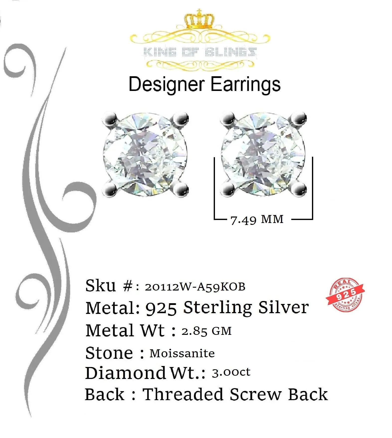 King of Bling's Mens & Womens stud 925 silver White 3.00ct VVS 'D' Moissanite Stud Earrings