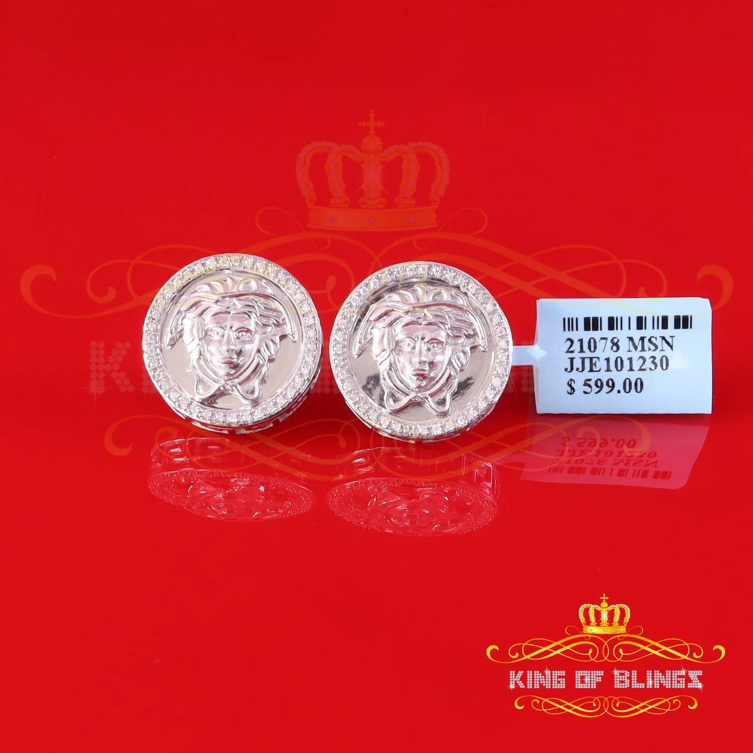 King of Bling's Men's/Women's 925 Silver White 0.50 ct VVS 'D' Moissanite Medusa Stud Earrings