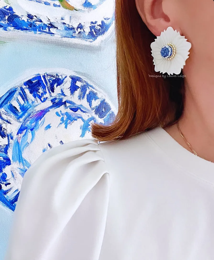 Medium Floral Chinoiserie Coin Bead Earrings