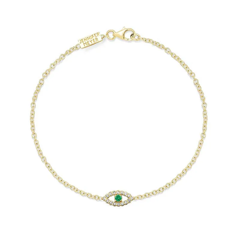 Mini Diamond Open Evil Eye with Emerald Center Bracelet
