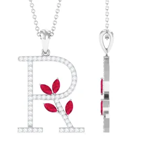 Moissanite R Initial Pendant Necklace With Lab Grown Ruby