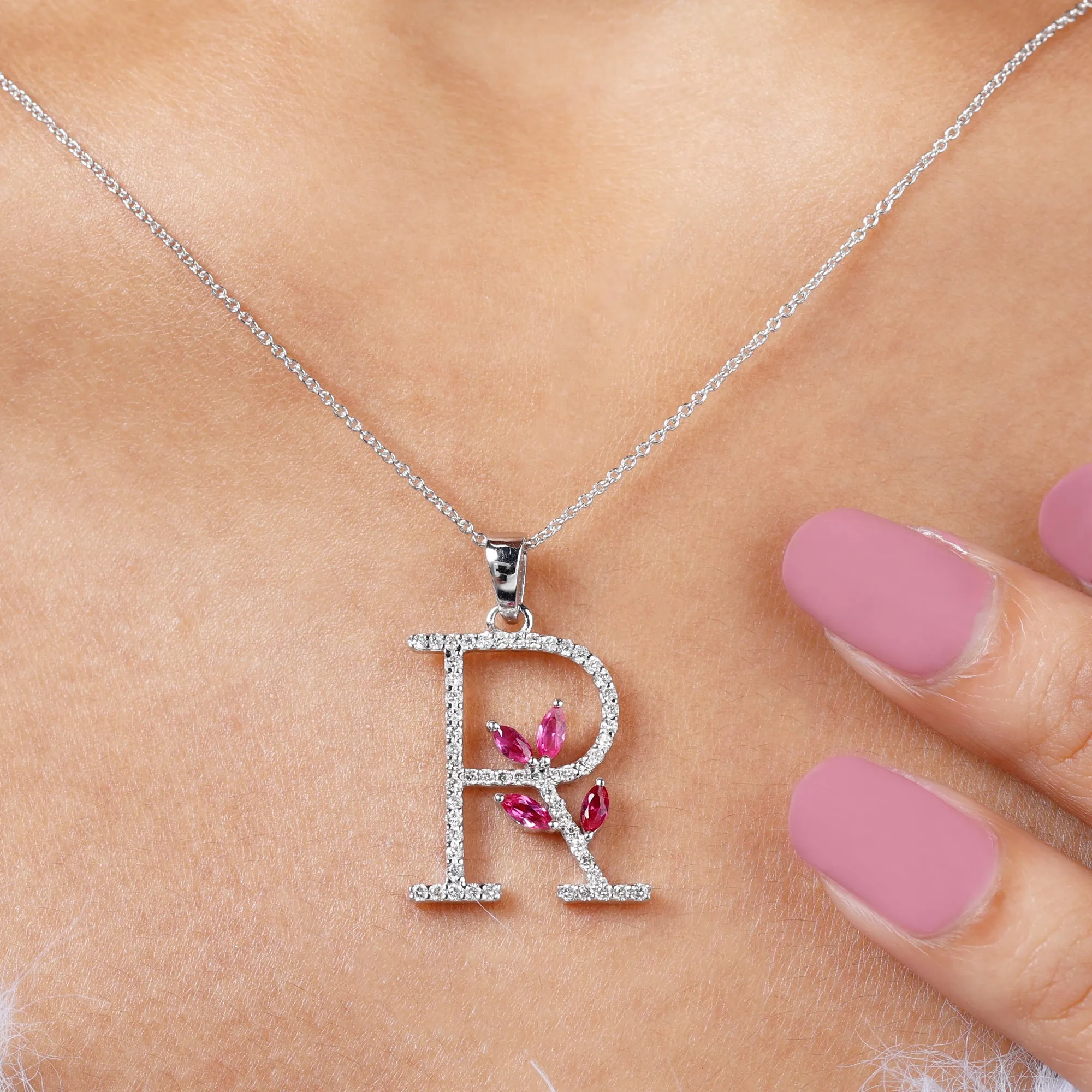 Moissanite R Initial Pendant Necklace With Lab Grown Ruby