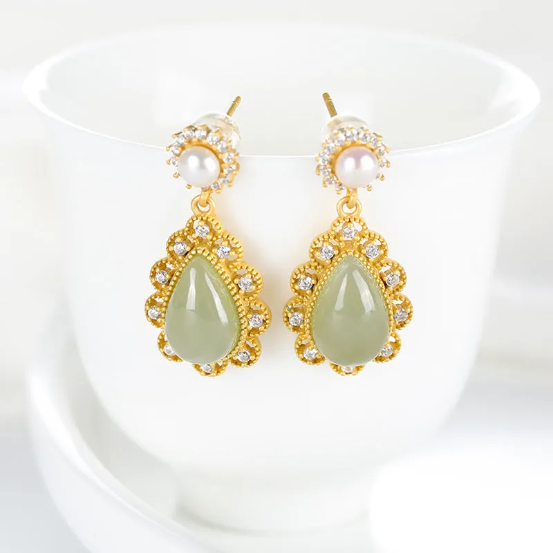 Natural Jade Earrings Nephrite Pearl Silver Earrings ZNE350