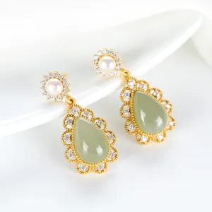 Natural Jade Earrings Nephrite Pearl Silver Earrings ZNE350