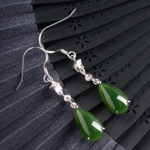 Natural Jade Earrings Nephrite Silver Zircon Earrings ZEG554
