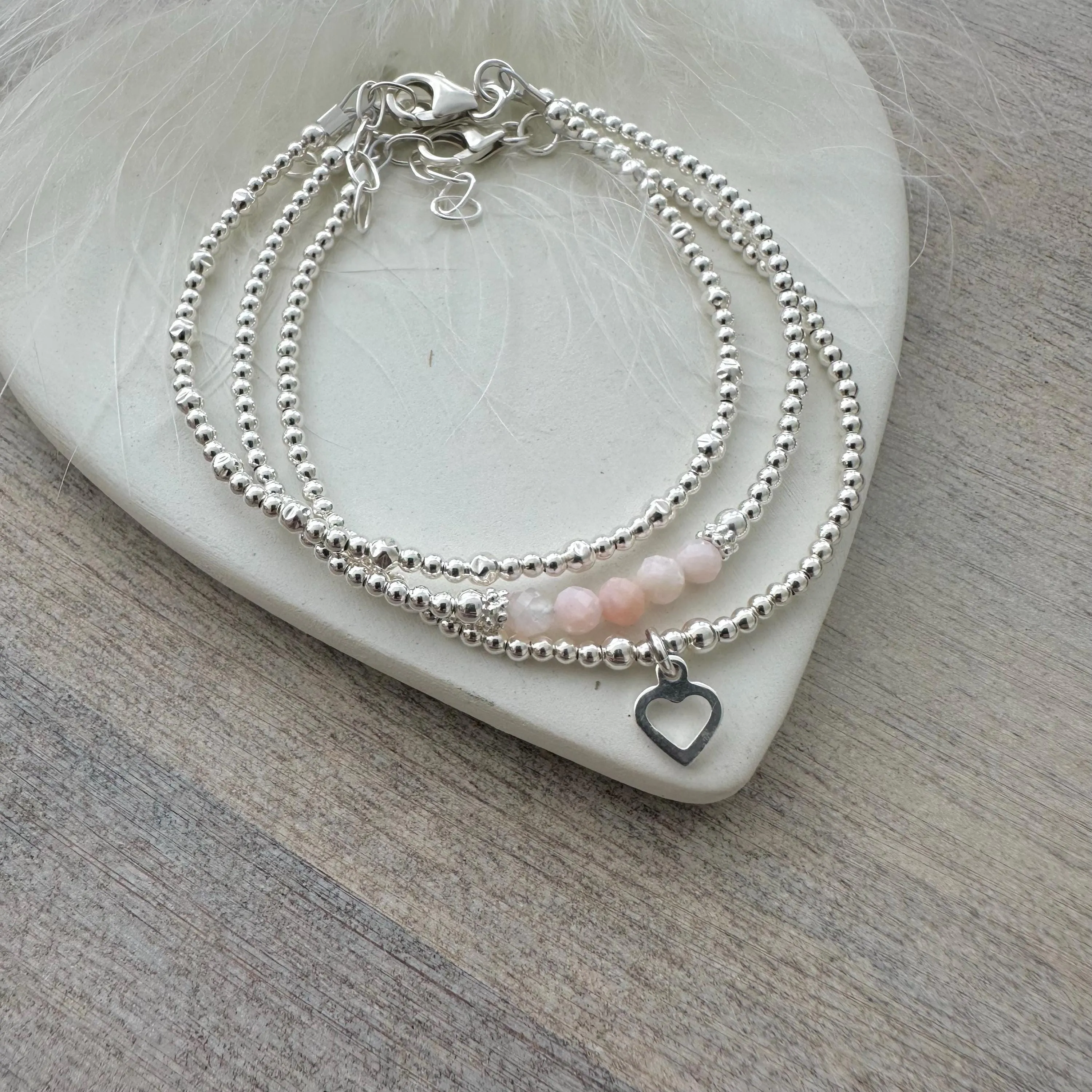 October Birthstone Pink Opal Bracelet Set, Dainty Sterling Silver Stacking Bracelets for Women