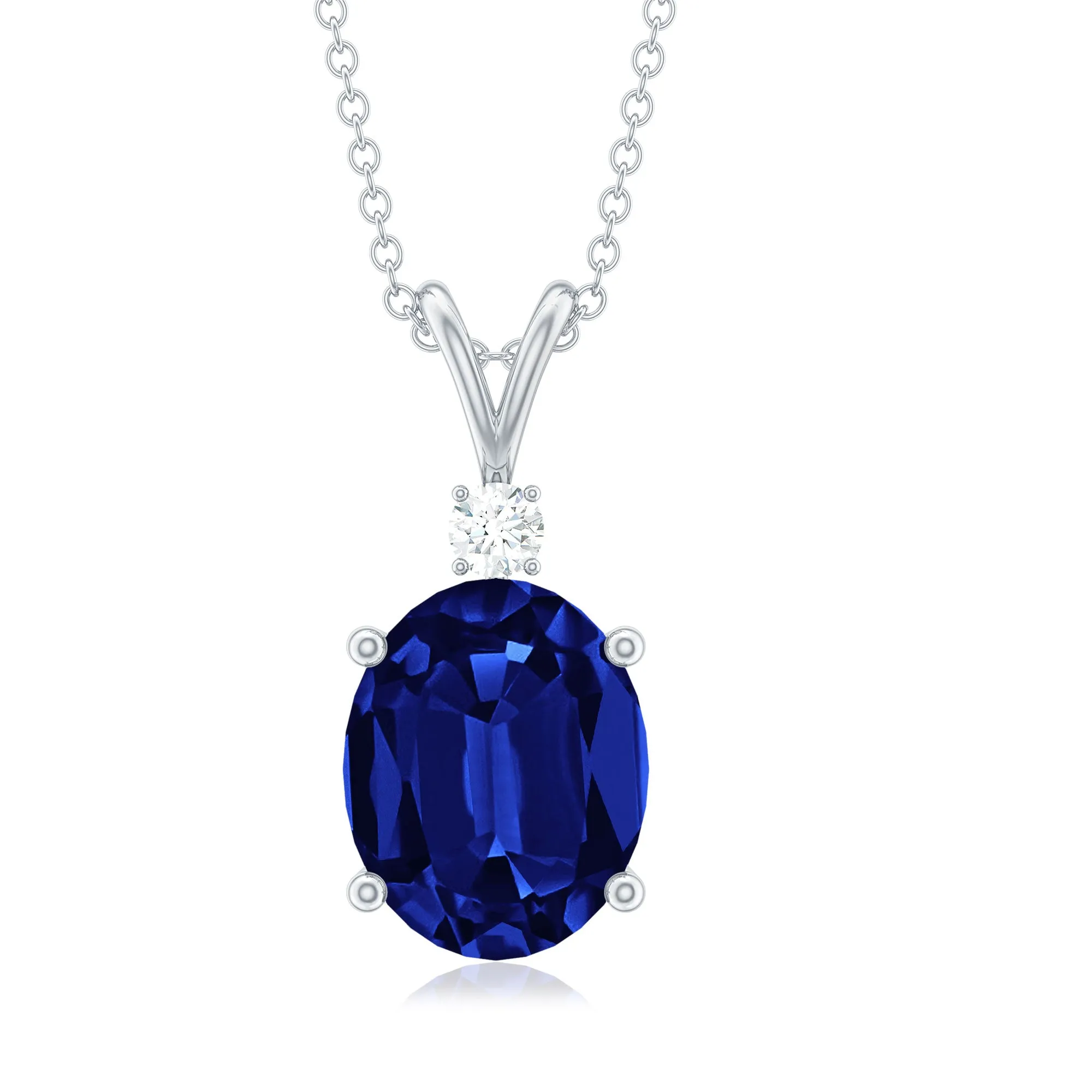 Oval Created Blue Sapphire Solitaire Pendant with Dainty Moissanite