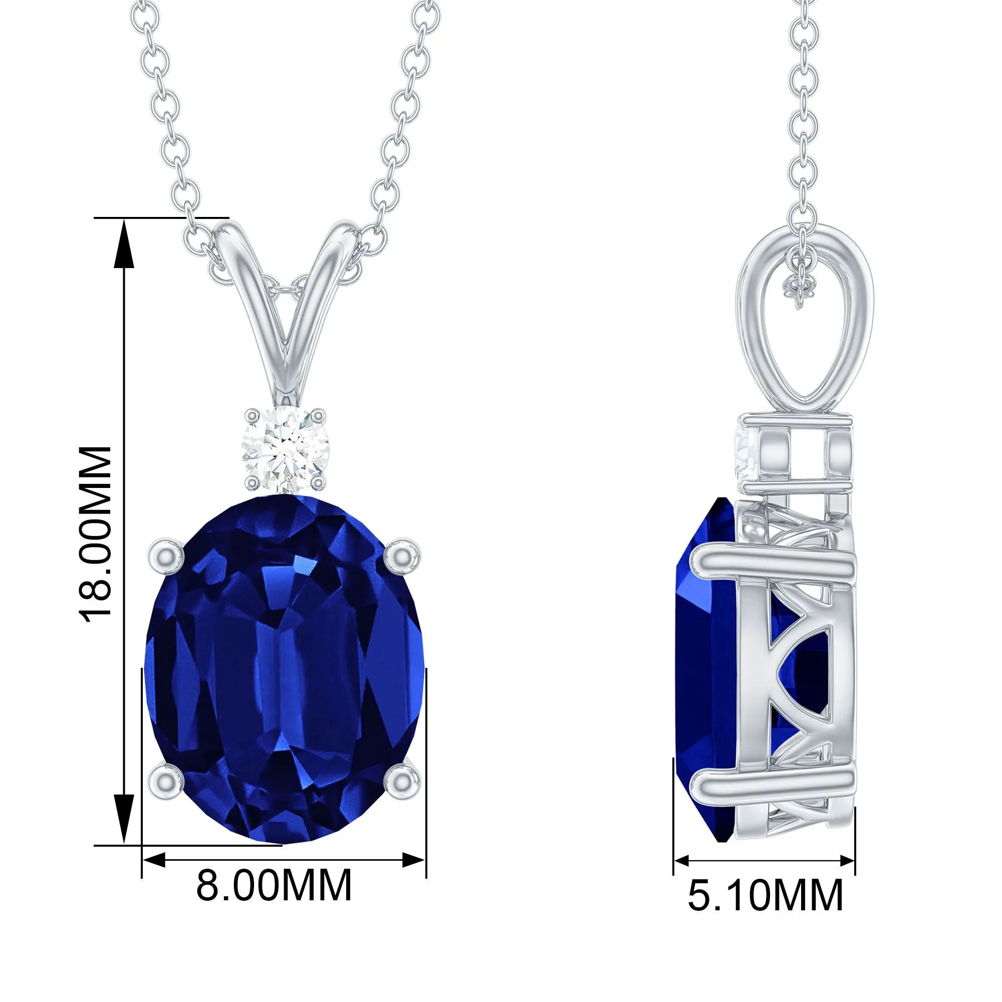 Oval Created Blue Sapphire Solitaire Pendant with Dainty Moissanite
