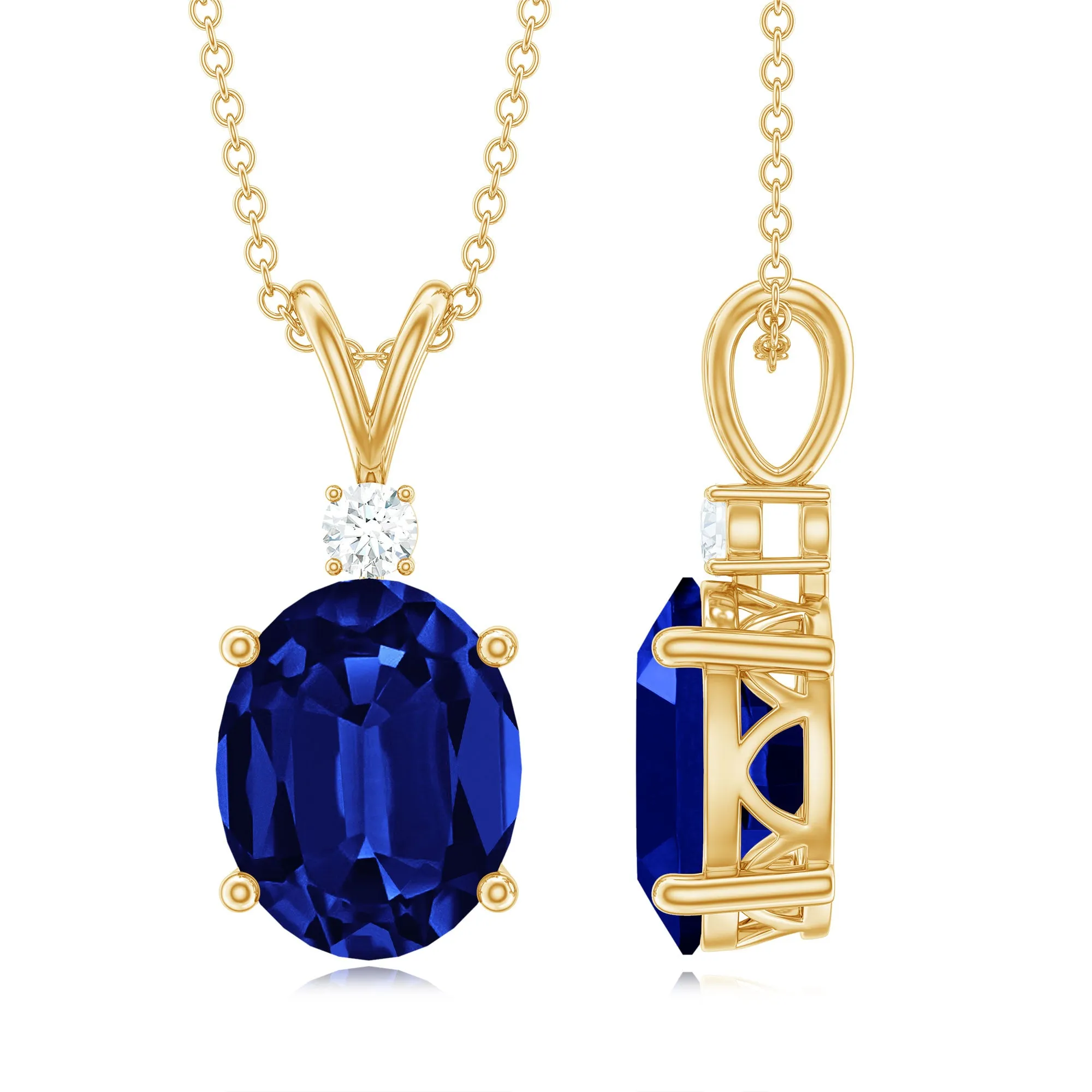 Oval Created Blue Sapphire Solitaire Pendant with Dainty Moissanite