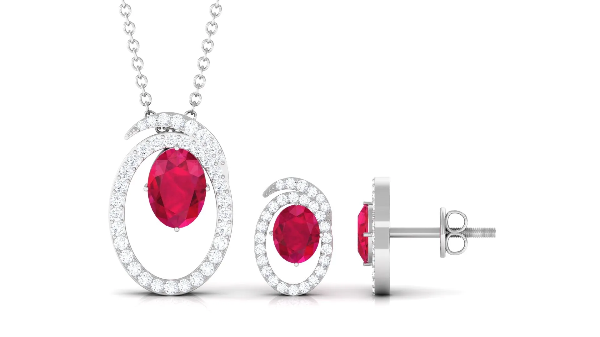 Oval Created Ruby and Moissanite Contemporary Jewelry Set