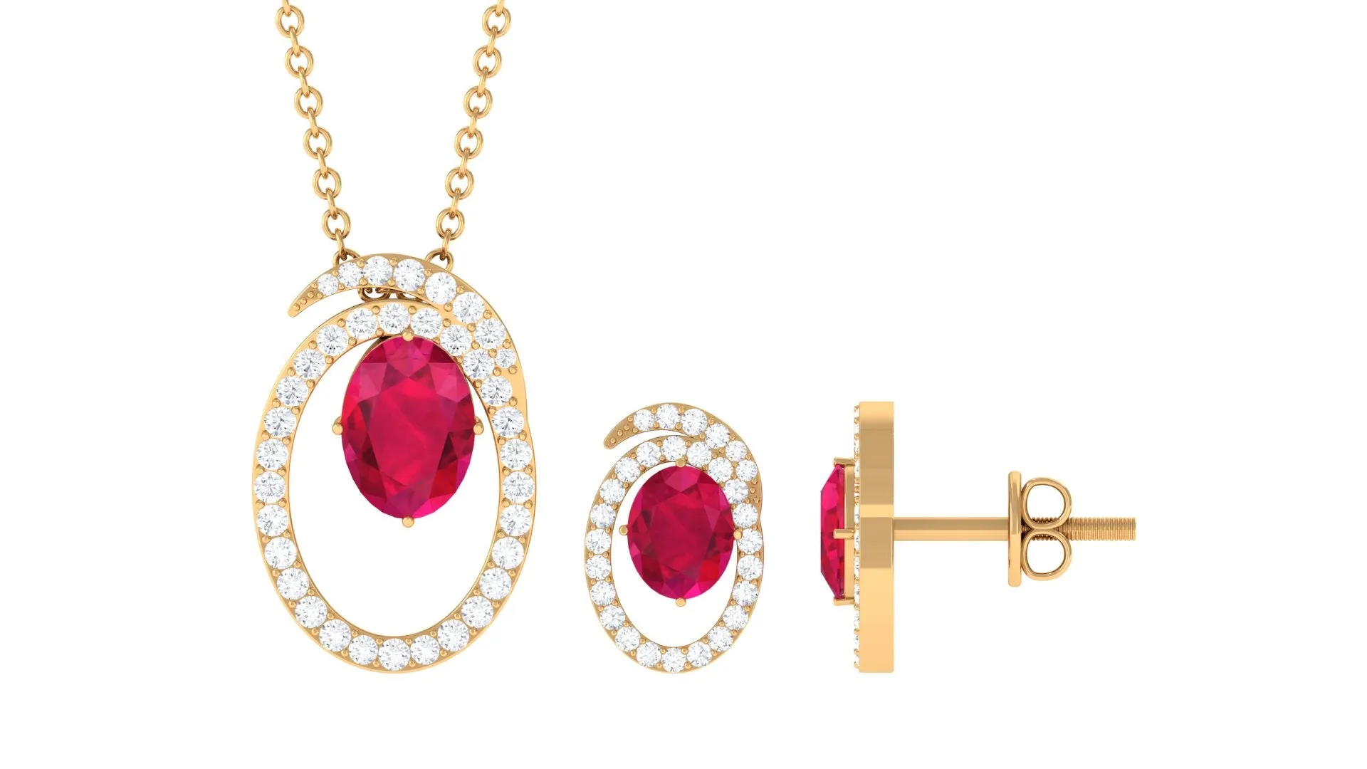 Oval Created Ruby and Moissanite Contemporary Jewelry Set