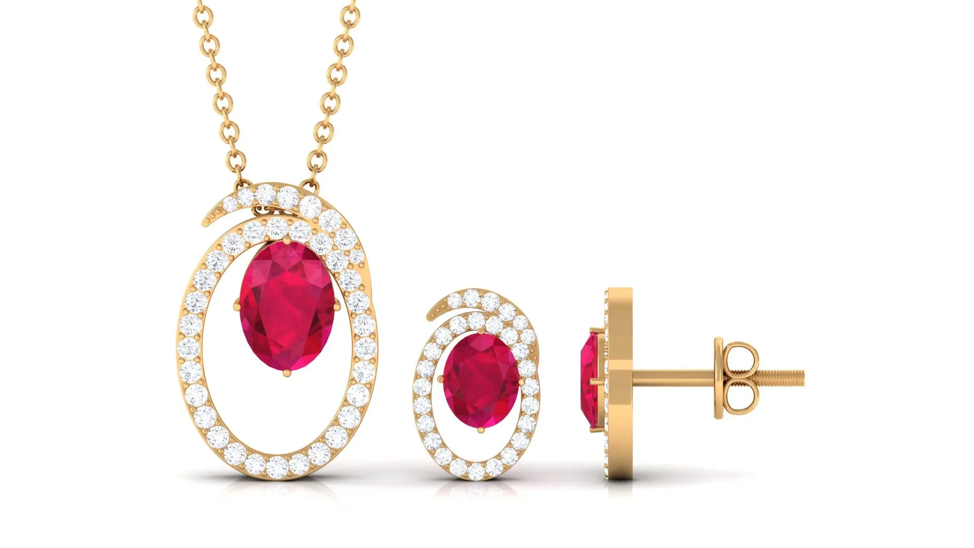Oval Created Ruby and Moissanite Contemporary Jewelry Set