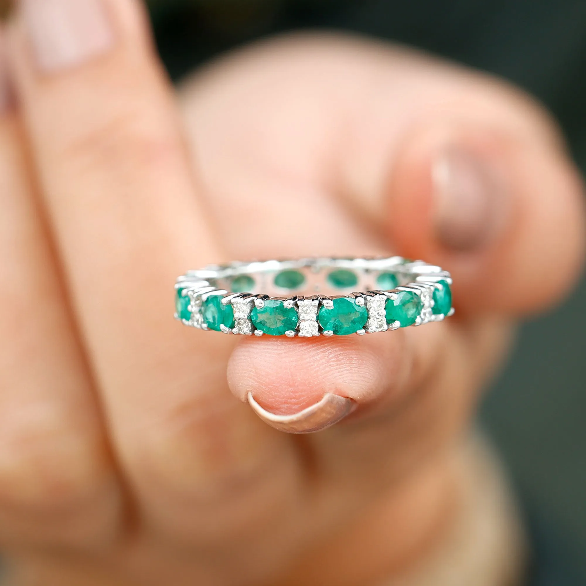 Oval Cut Green Emerald Eternity Band Ring with Diamond