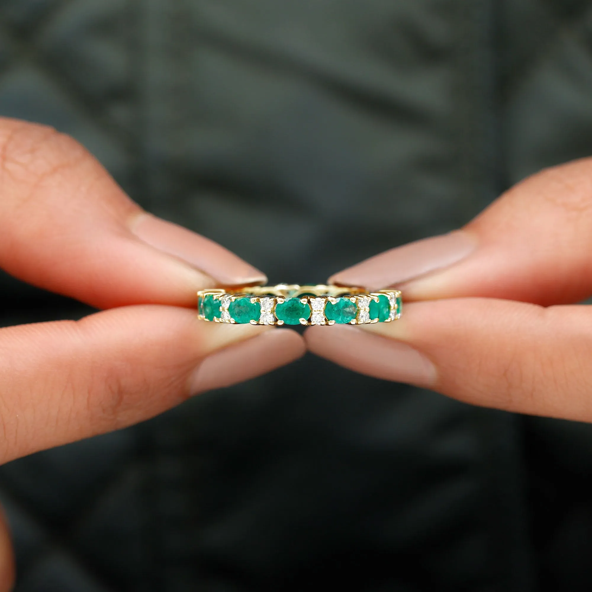 Oval Cut Green Emerald Eternity Band Ring with Diamond