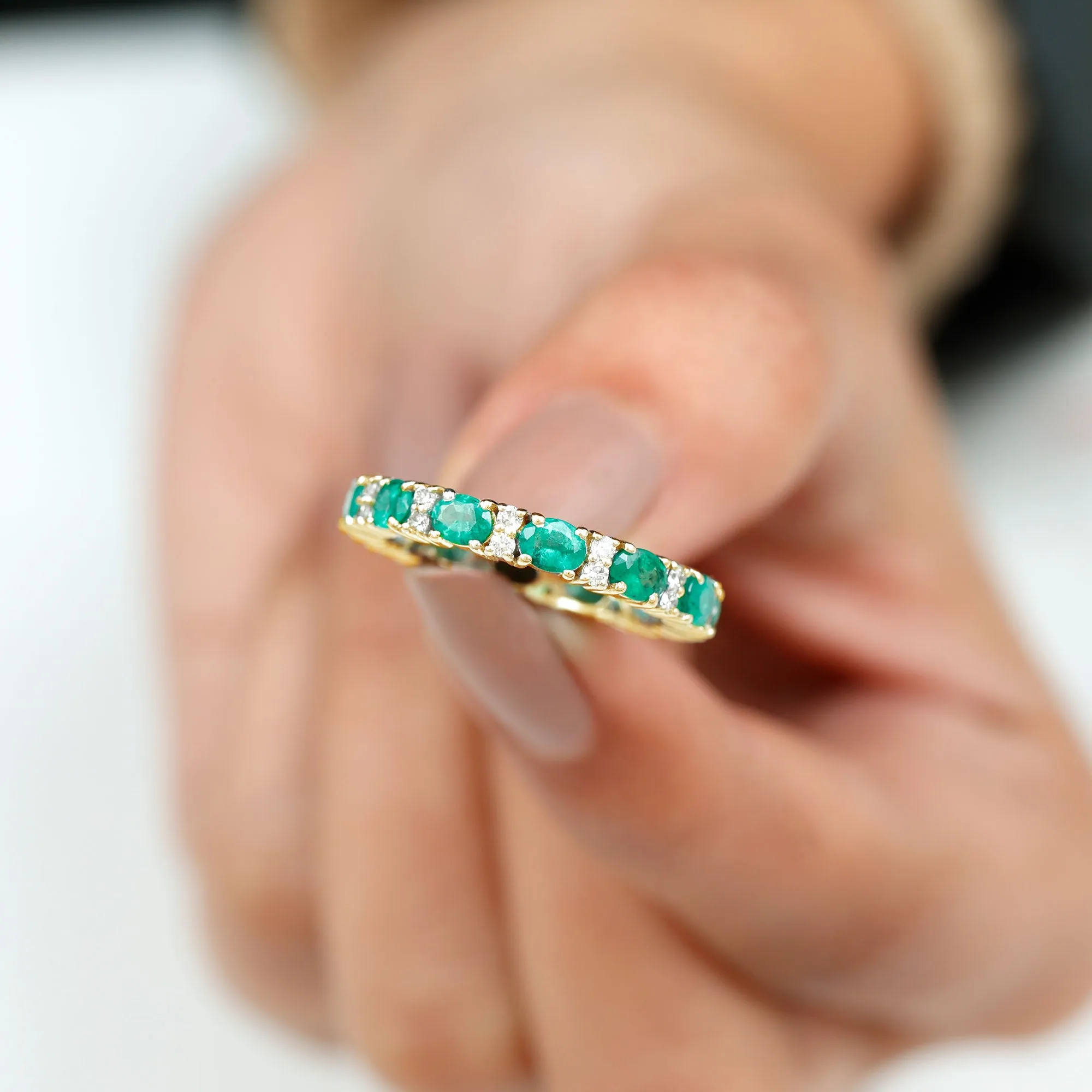 Oval Cut Green Emerald Eternity Band Ring with Diamond