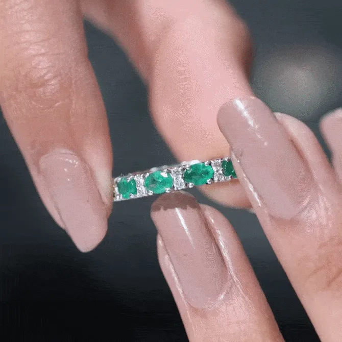 Oval Cut Green Emerald Eternity Band Ring with Diamond