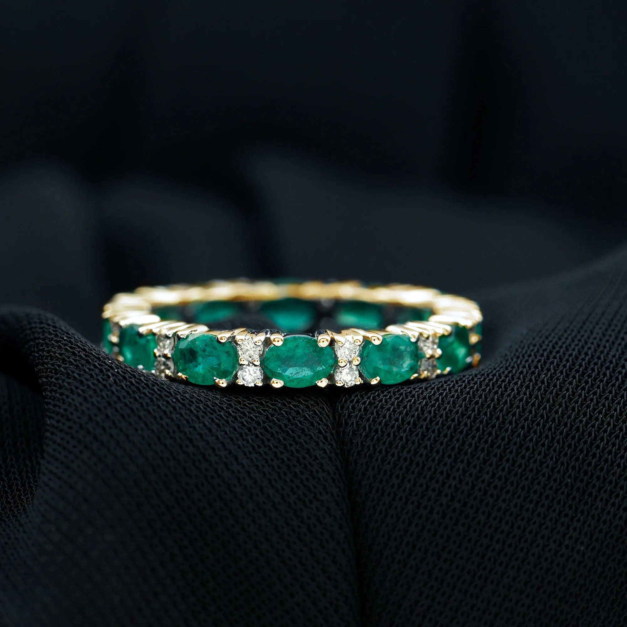 Oval Cut Green Emerald Eternity Band Ring with Diamond