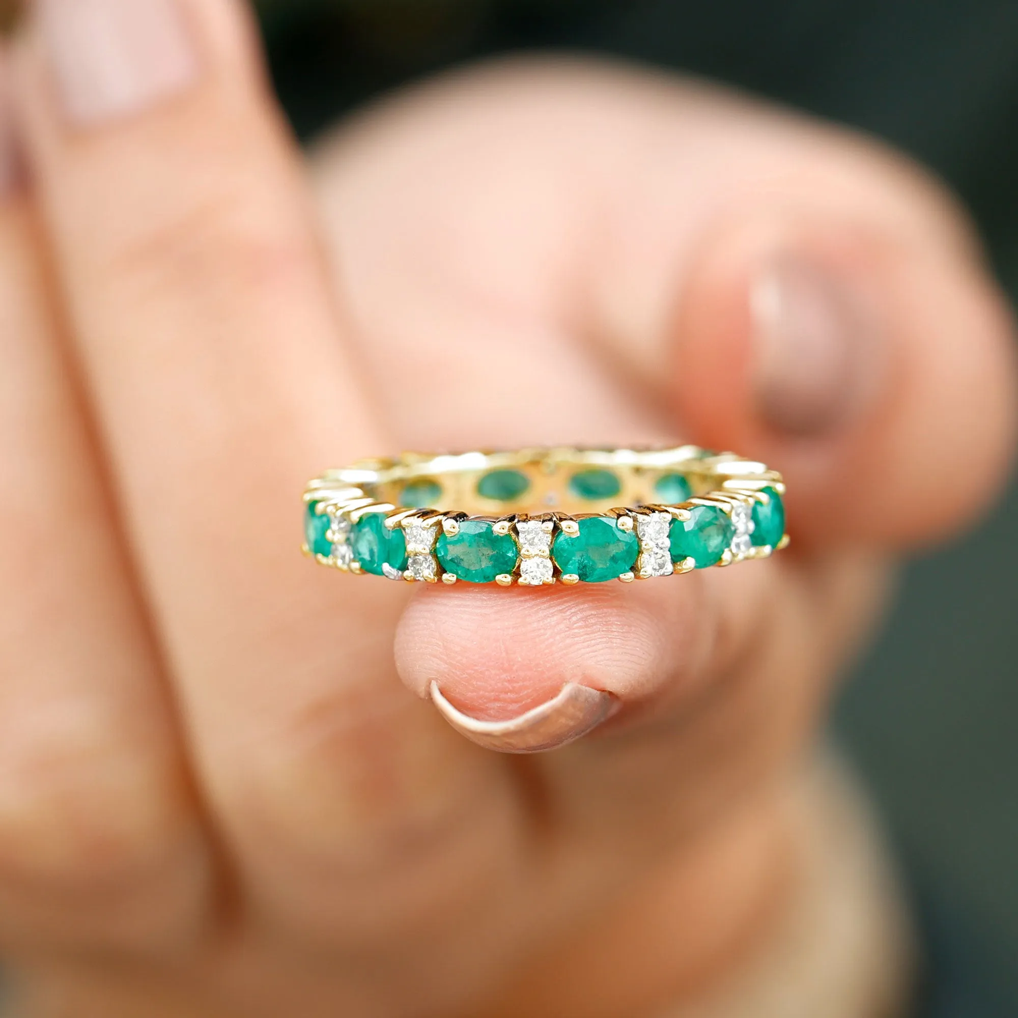 Oval Cut Green Emerald Eternity Band Ring with Diamond