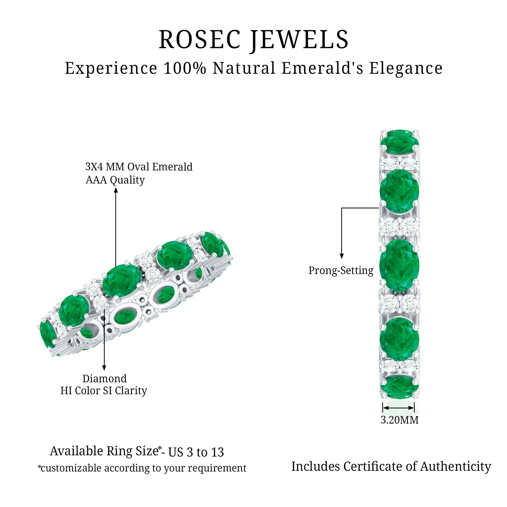 Oval Cut Green Emerald Eternity Band Ring with Diamond