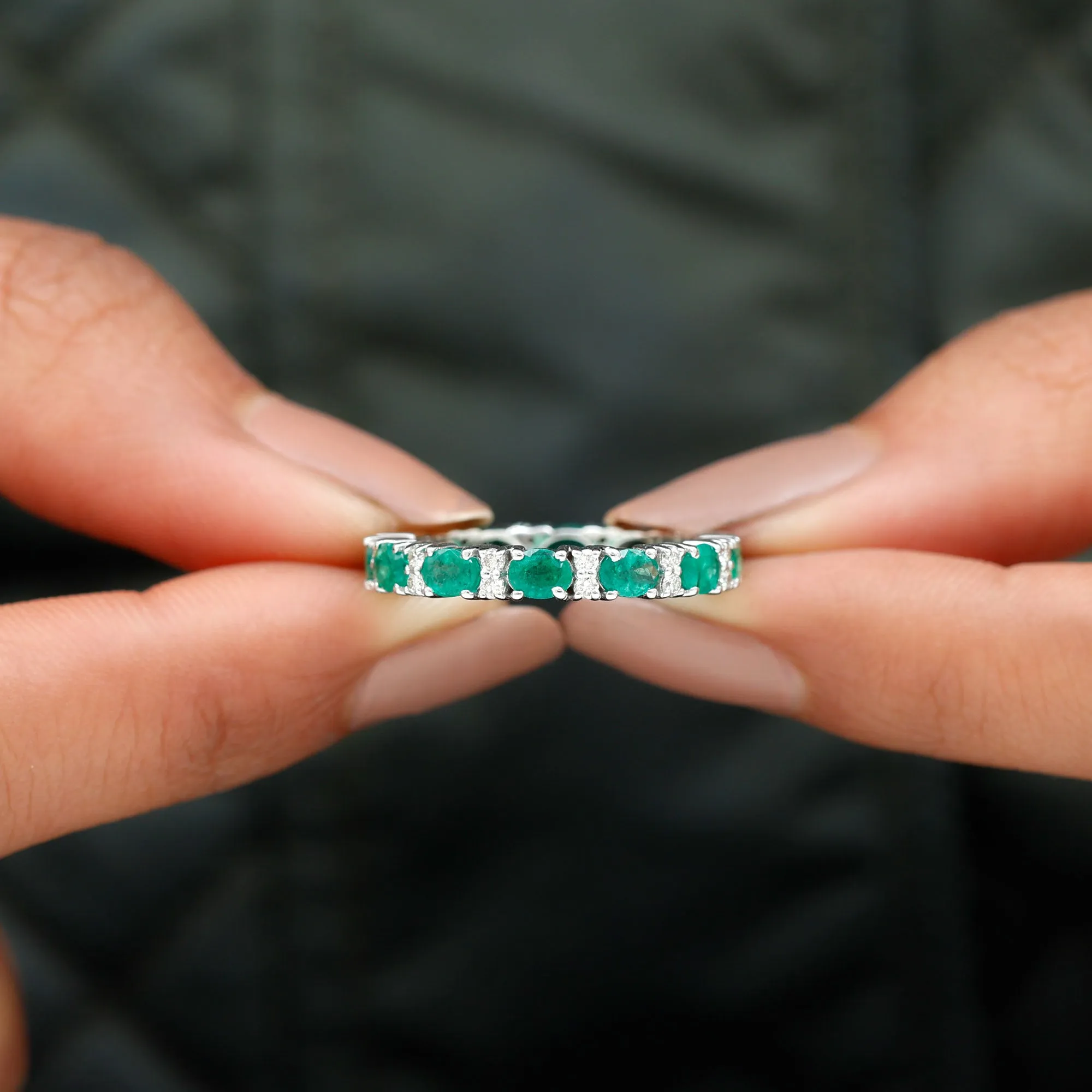 Oval Cut Green Emerald Eternity Band Ring with Diamond