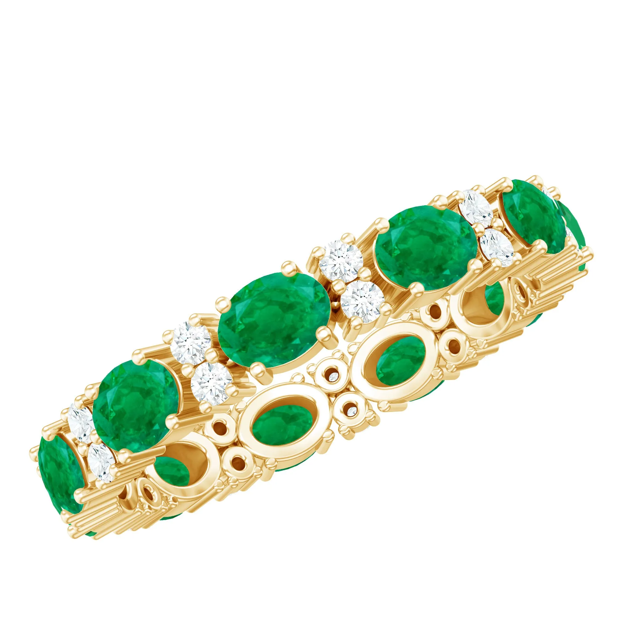 Oval Cut Green Emerald Eternity Band Ring with Diamond