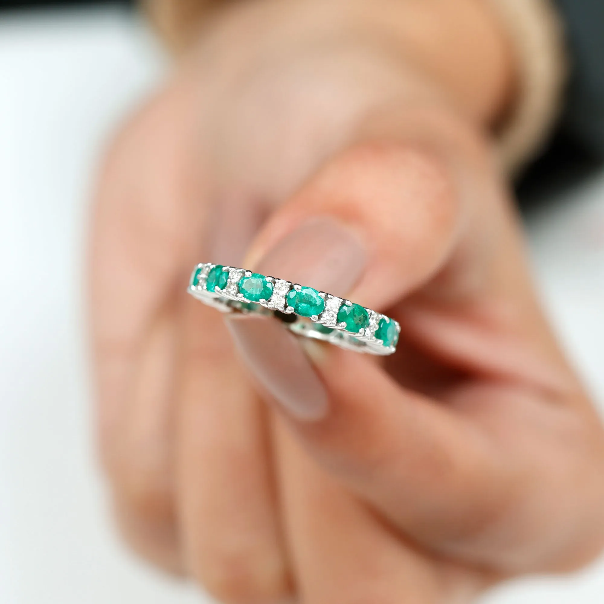 Oval Cut Green Emerald Eternity Band Ring with Diamond