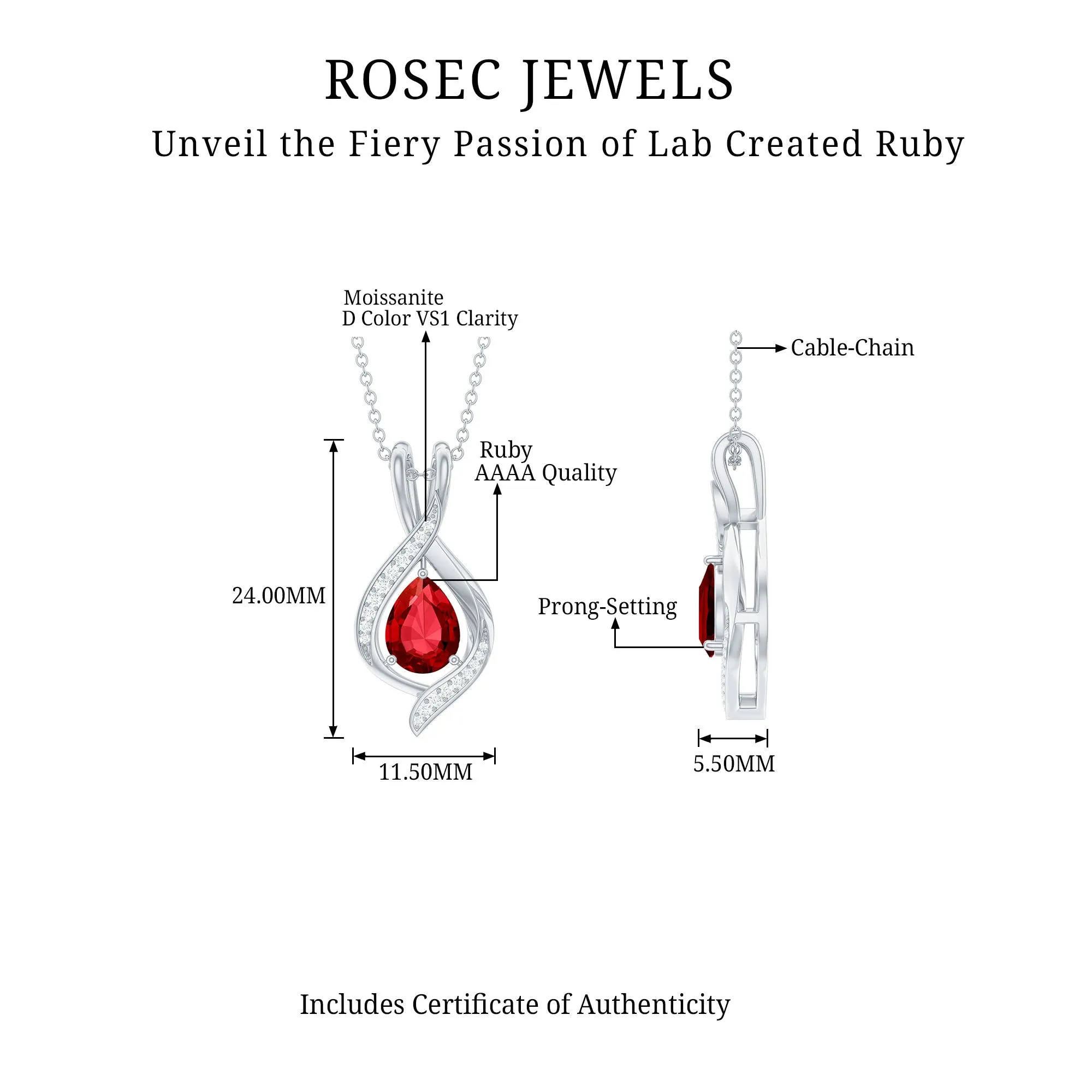 Pear Cut Created Ruby Teardrop Pendant with Moissanite Accent