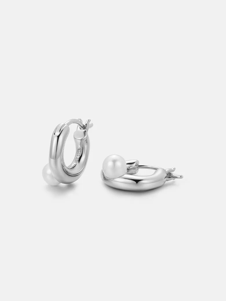 Pearl Dainty Silver Hoop Earrings