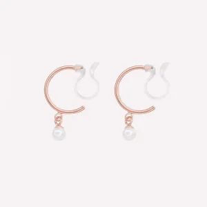 PEARL DANGLE HUGGIE HOOP CLIP-ON EARRINGS IN ROSE GOLD