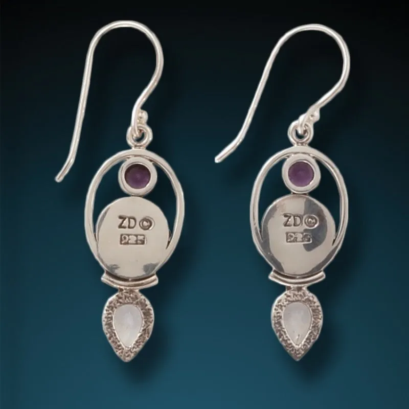 "Finding Balance" Fossilized Mammoth Ivory, Amethyst, Moonstone and Sterling Silver Earrings