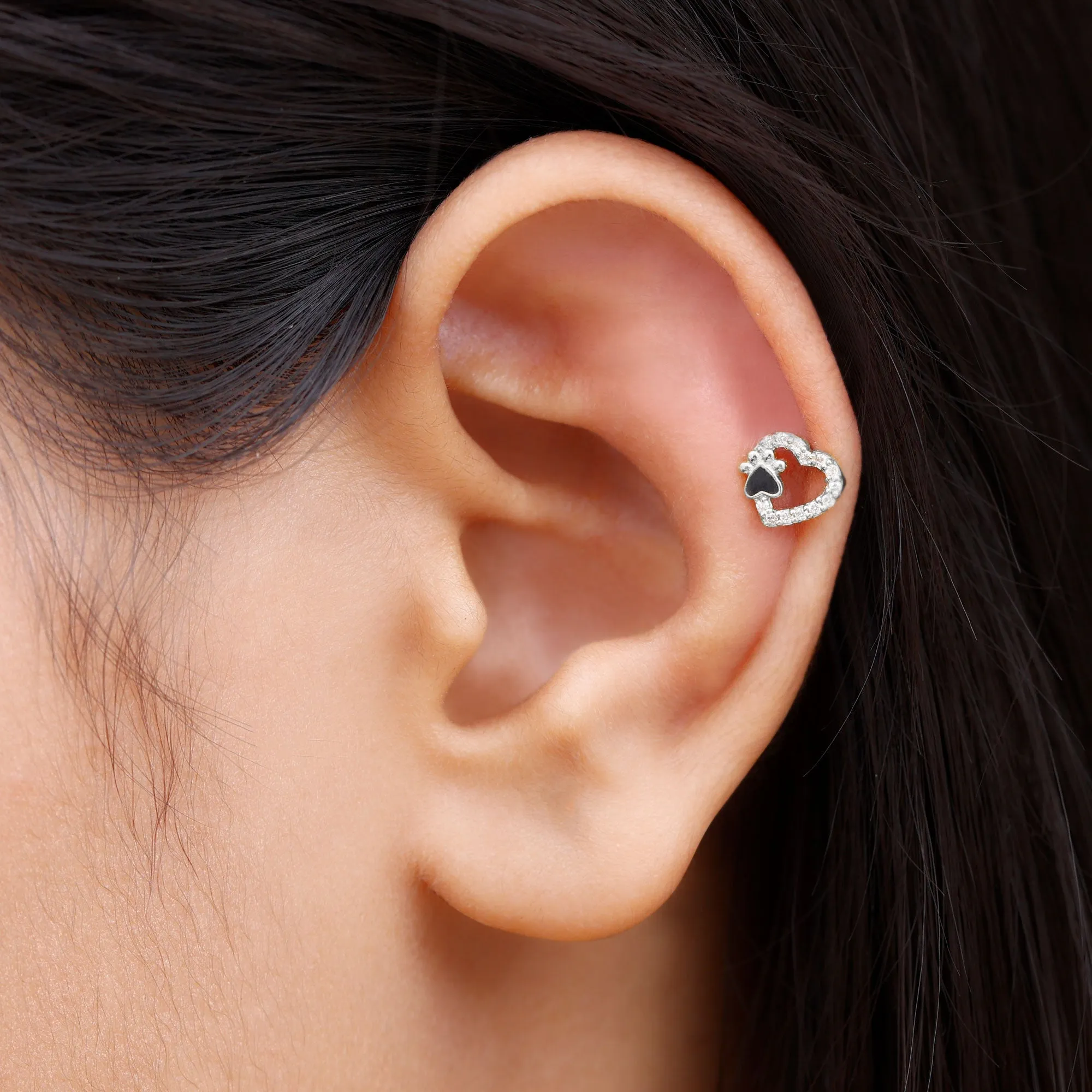 Real Diamond Dog Paw Heart Earring with Black Enamel
