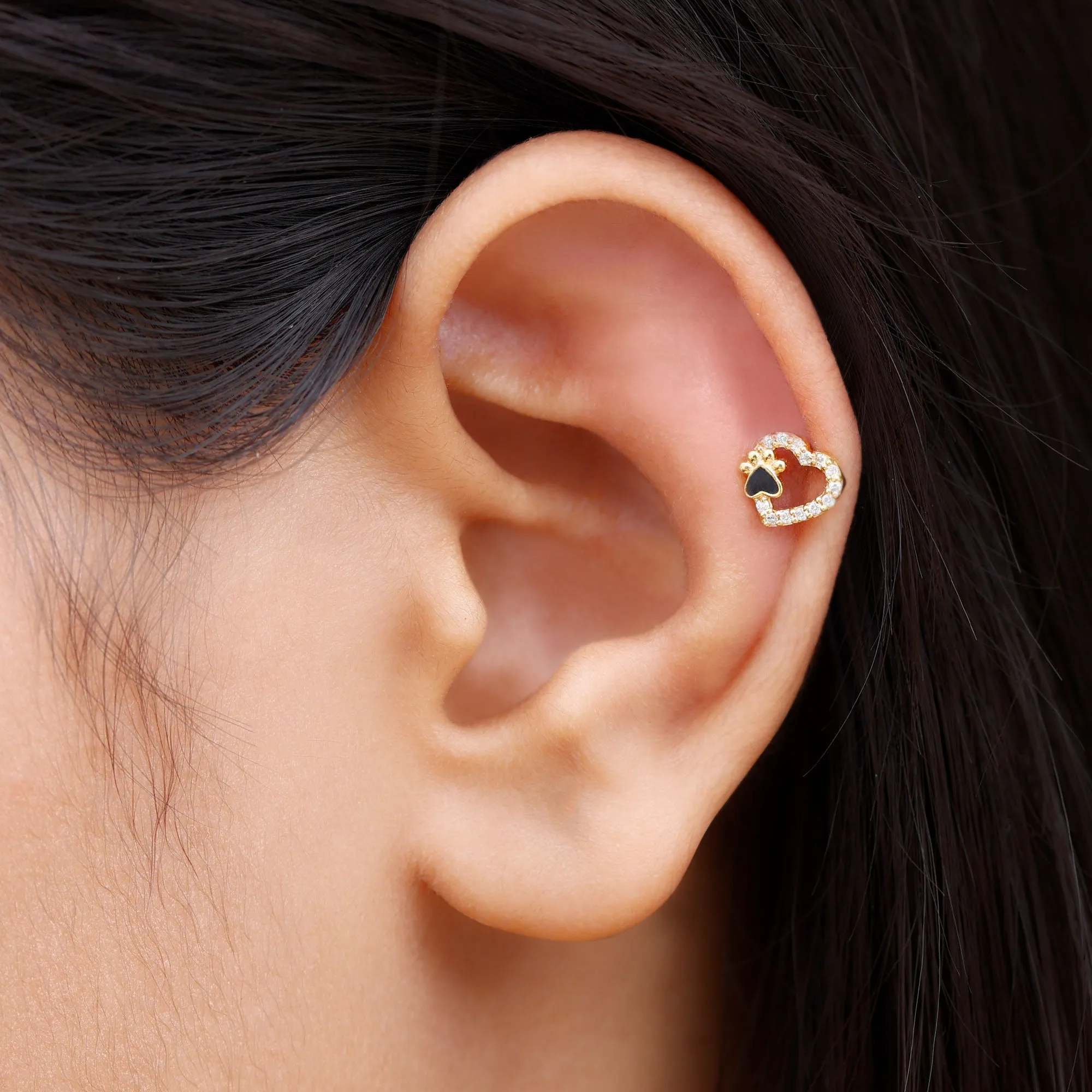 Real Diamond Dog Paw Heart Earring with Black Enamel