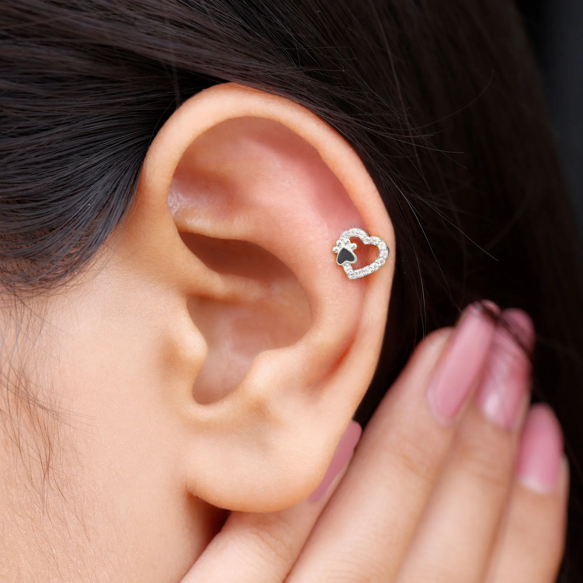 Real Diamond Dog Paw Heart Earring with Black Enamel