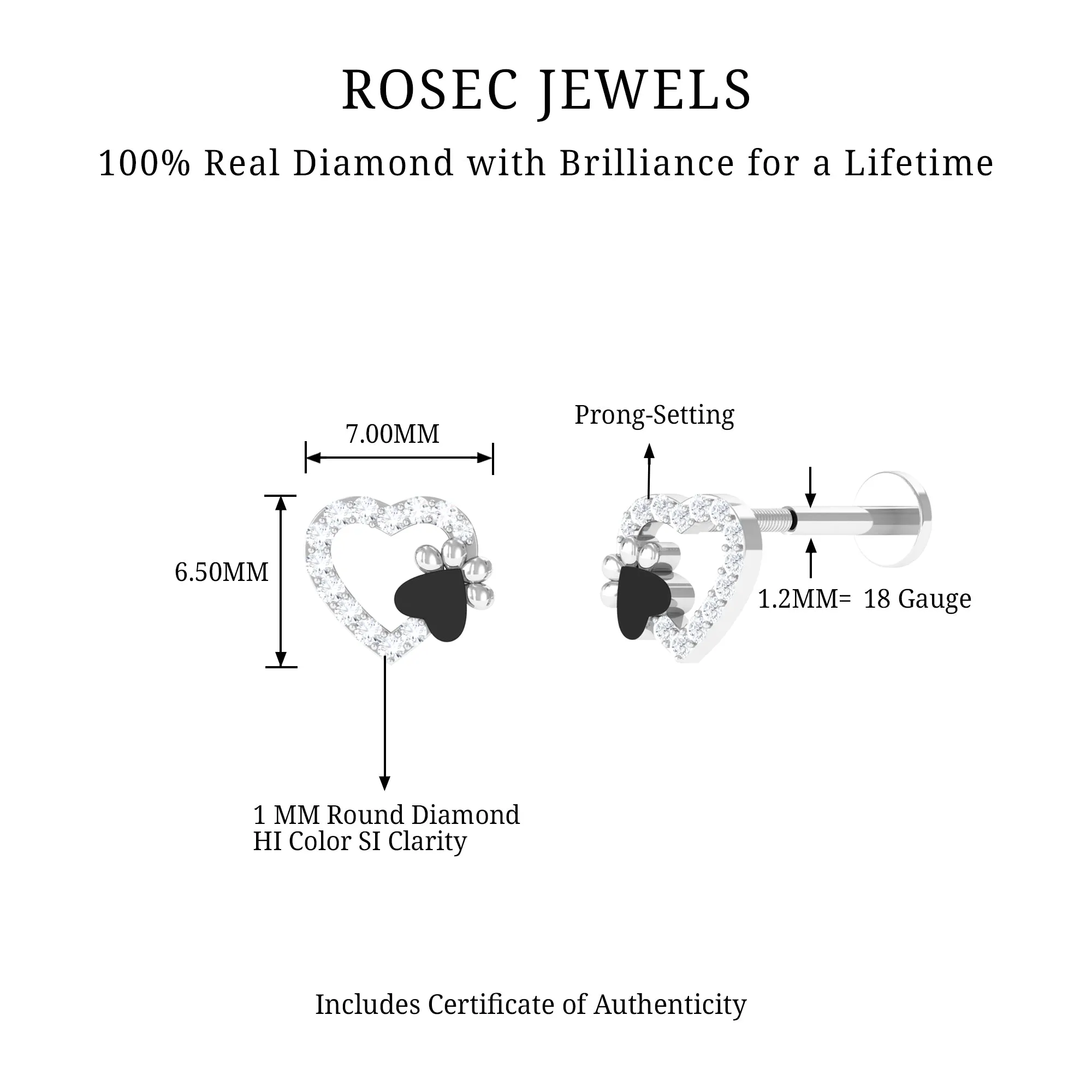 Real Diamond Dog Paw Heart Earring with Black Enamel