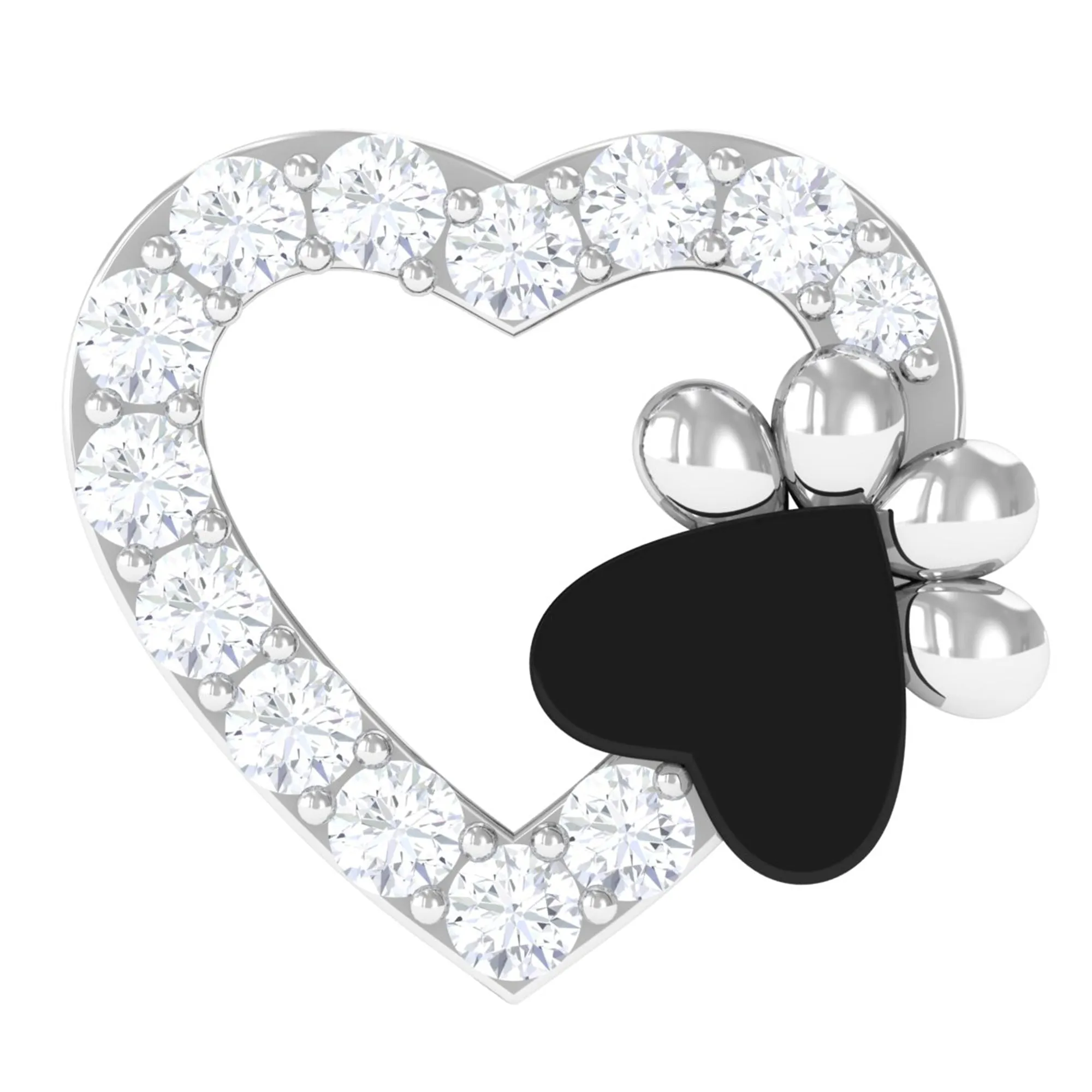 Real Diamond Dog Paw Heart Earring with Black Enamel