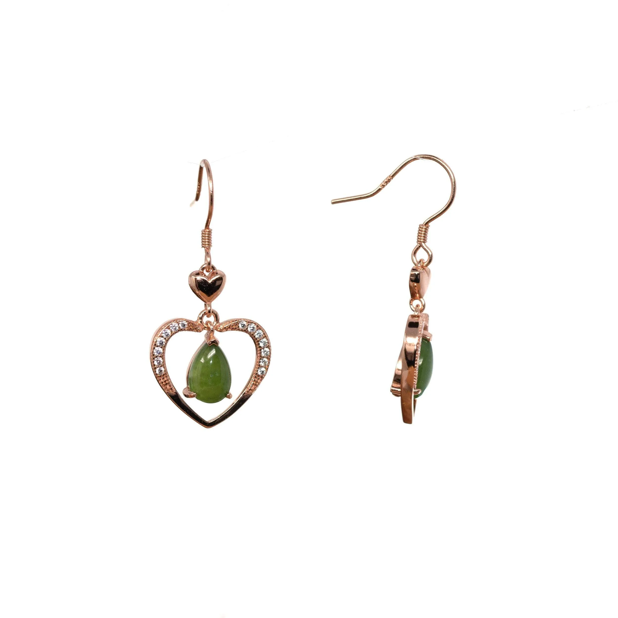 RealJade® "Love Earrings" Sterling Silver Genuine Nephrite Green Jade Dangle Earrings With CZ