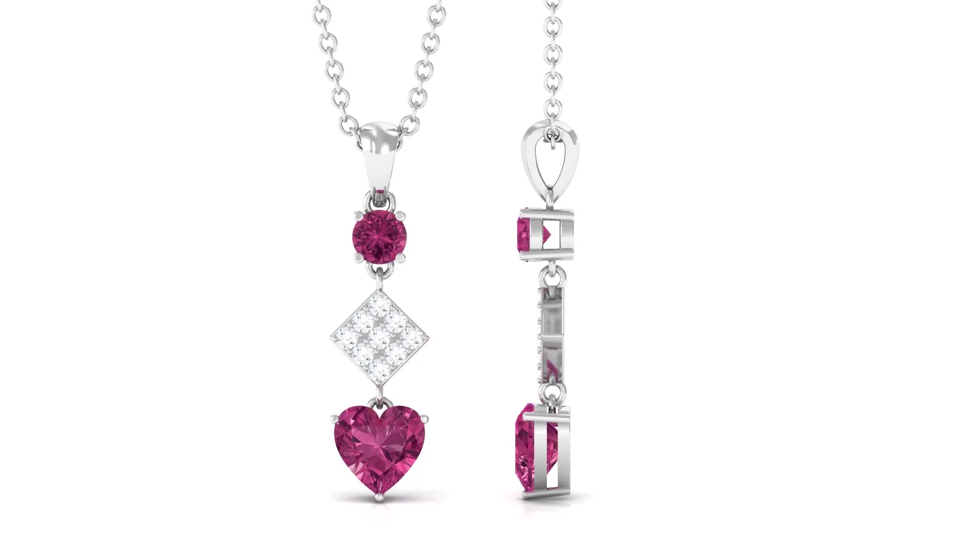 Round and Heart Shape Pink Tourmaline Dangle Pendant with Diamond