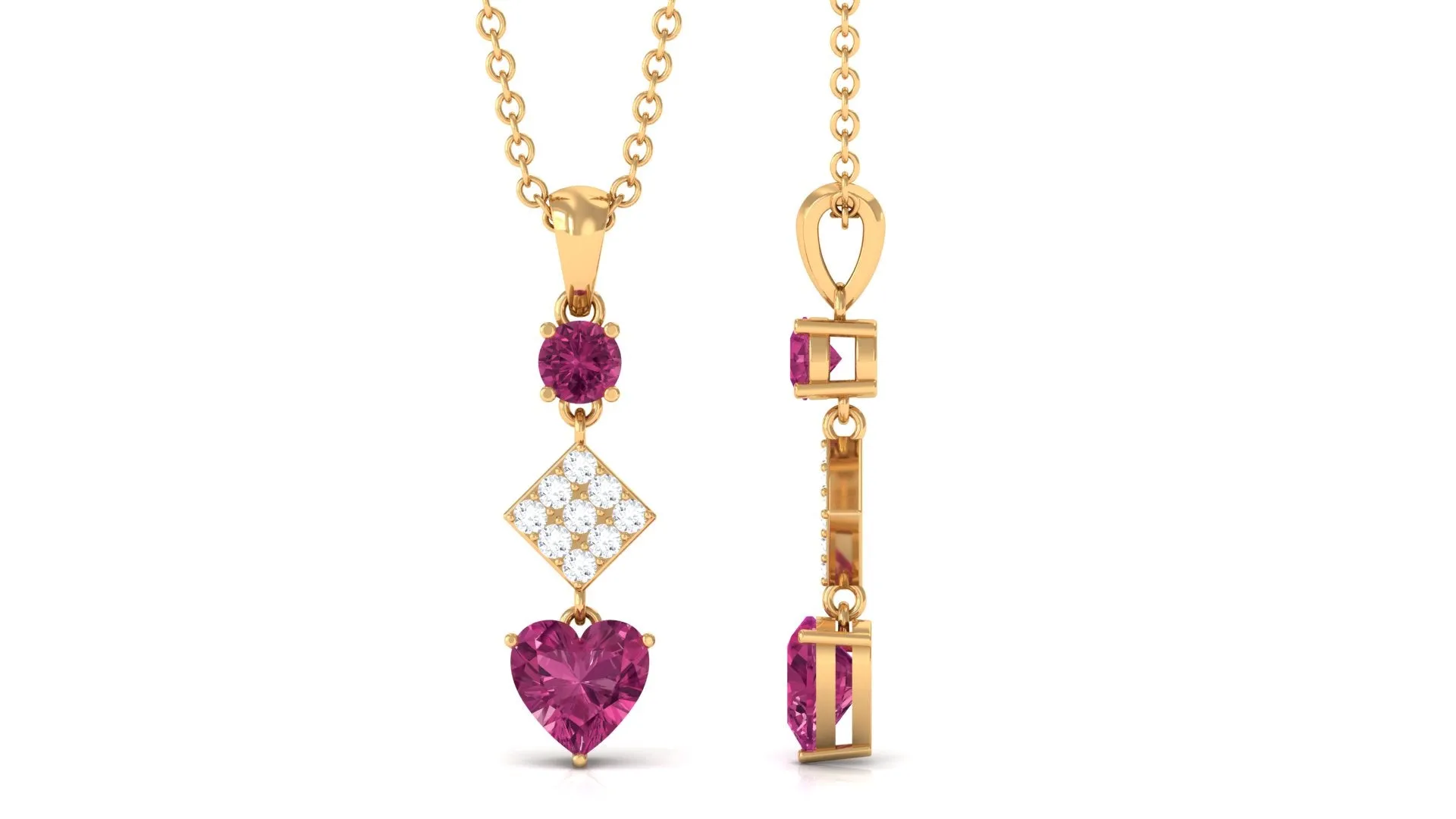 Round and Heart Shape Pink Tourmaline Dangle Pendant with Diamond