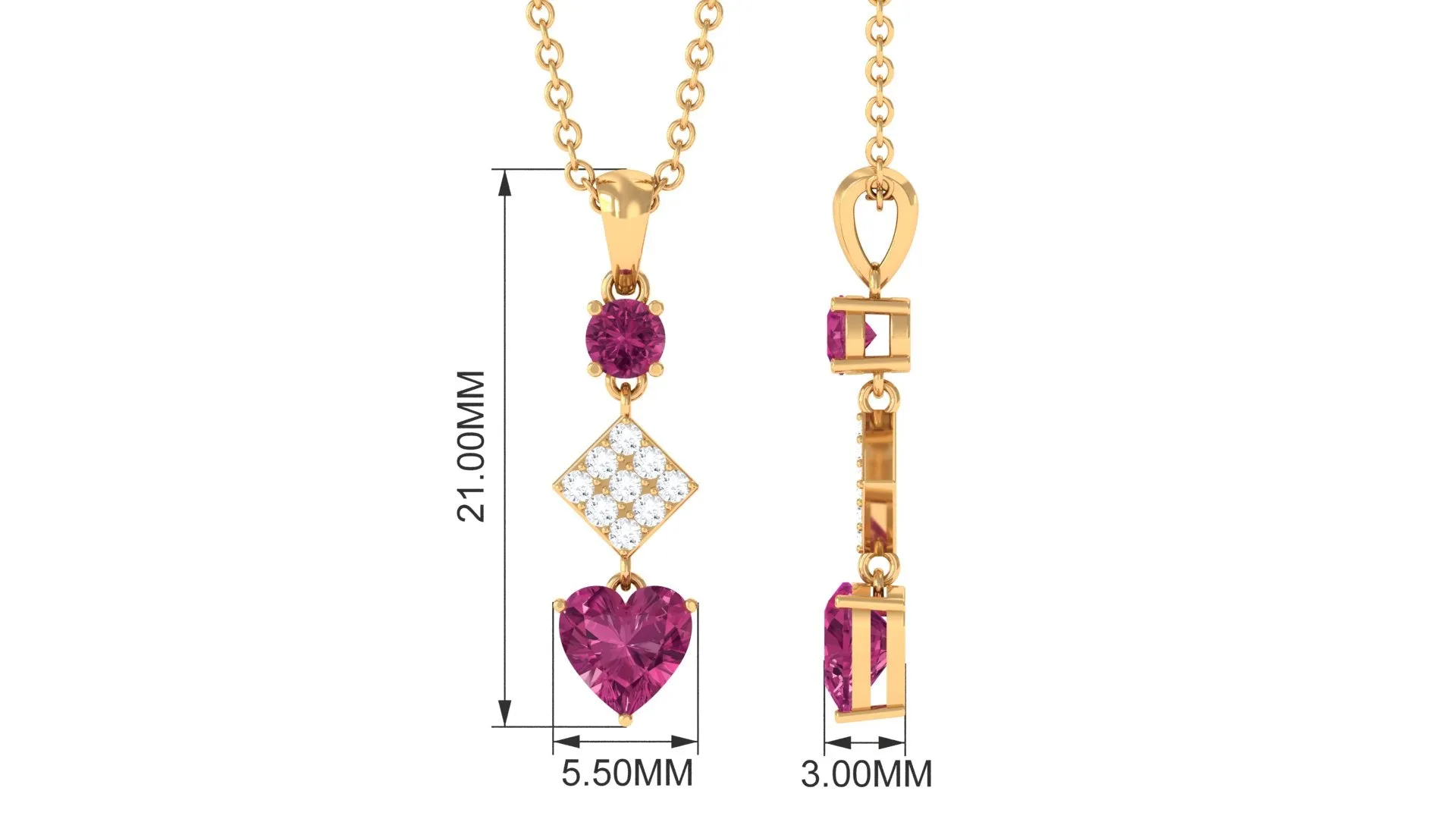 Round and Heart Shape Pink Tourmaline Dangle Pendant with Diamond