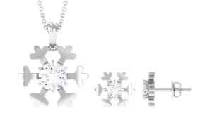 Round Cut Zircon Solitaire Snowflake Pendant Necklace Earrings Set