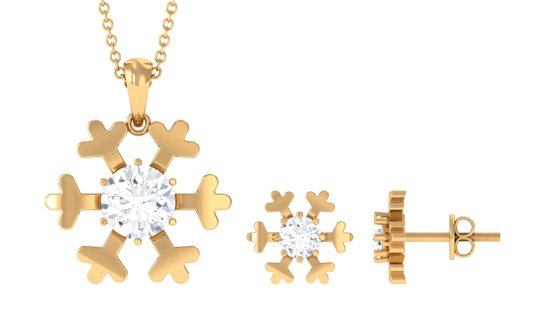 Round Cut Zircon Solitaire Snowflake Pendant Necklace Earrings Set