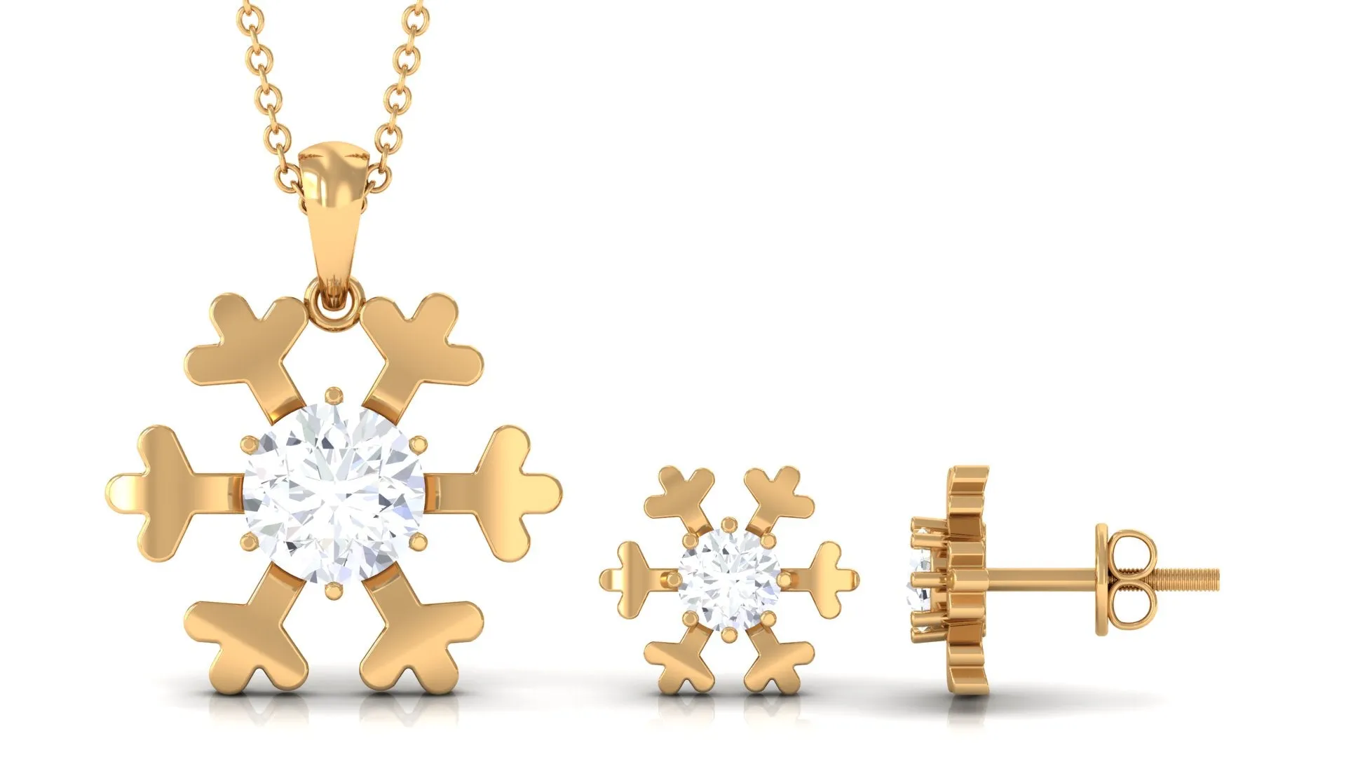 Round Cut Zircon Solitaire Snowflake Pendant Necklace Earrings Set