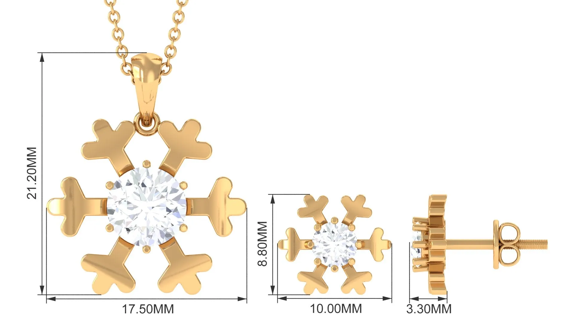 Round Cut Zircon Solitaire Snowflake Pendant Necklace Earrings Set