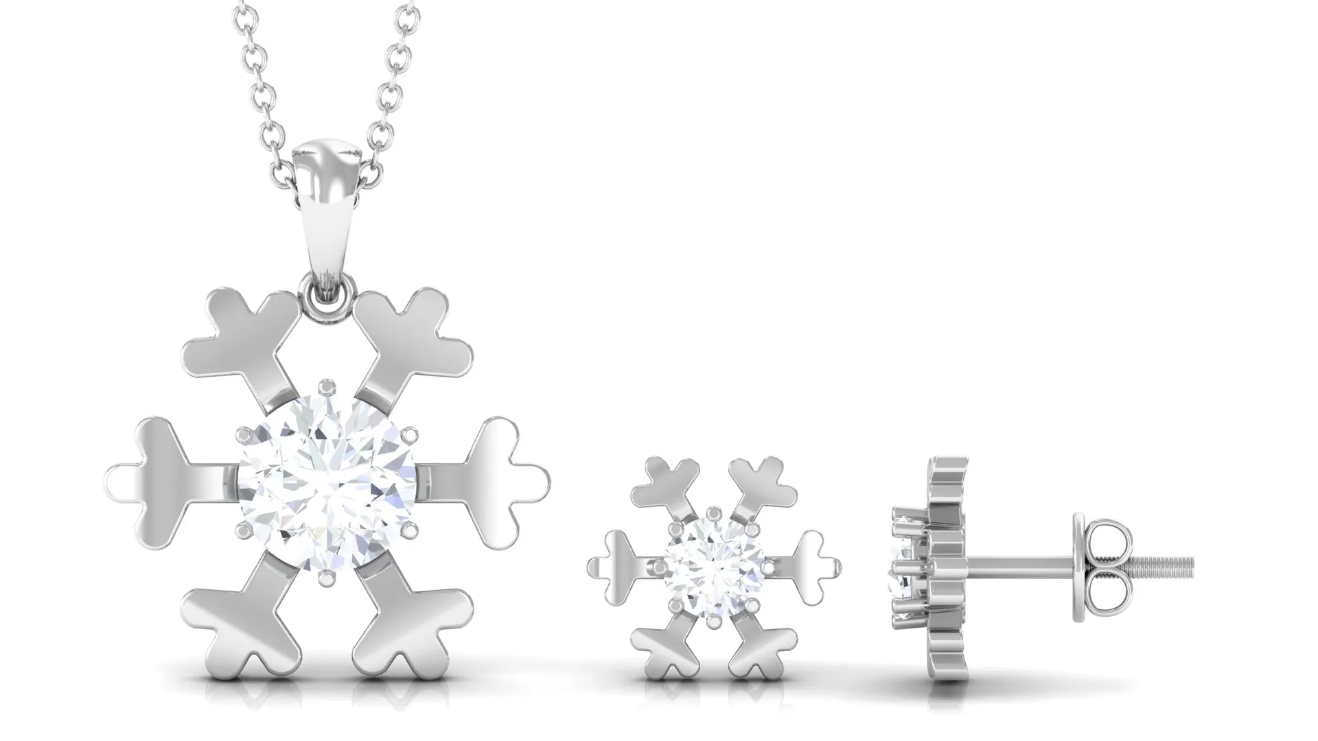 Round Cut Zircon Solitaire Snowflake Pendant Necklace Earrings Set