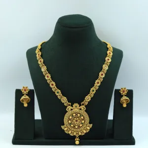 Ruby Green Antique Gold Finish Long Necklace Set 16978-4126