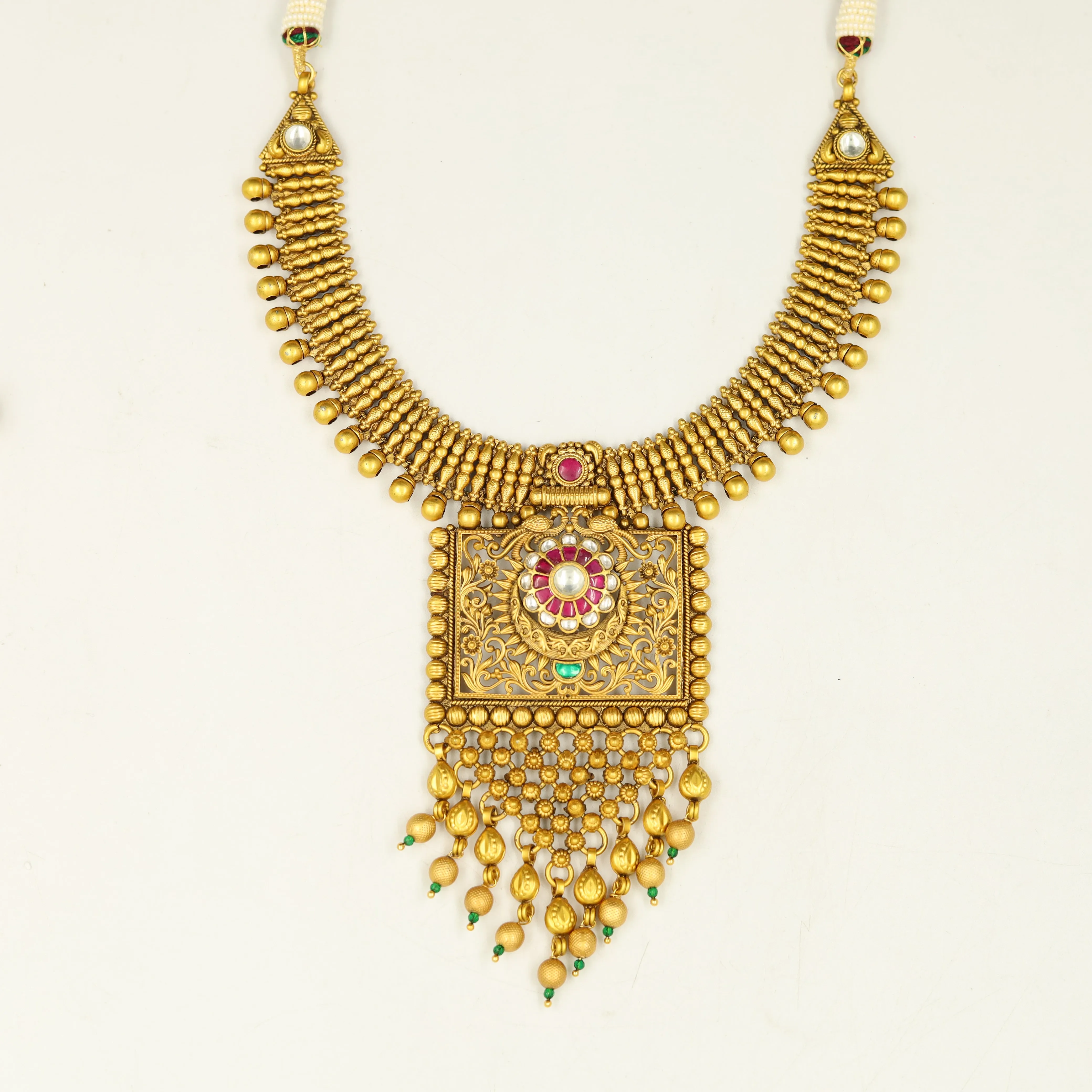 Ruby Green Antique Gold Finish Necklace Set 19712-6896