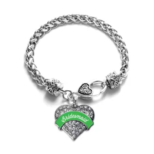 Silver Emerald Green Bridesmaid Pave Heart Charm Braided Bracelet