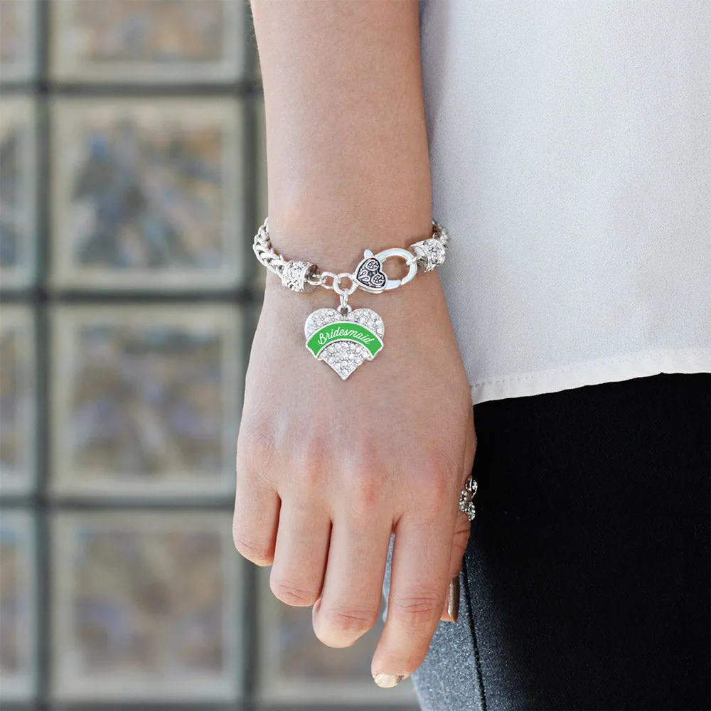 Silver Emerald Green Bridesmaid Pave Heart Charm Braided Bracelet