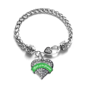 Silver Emerald Green Mom of the Groom Pave Heart Charm Braided Bracelet